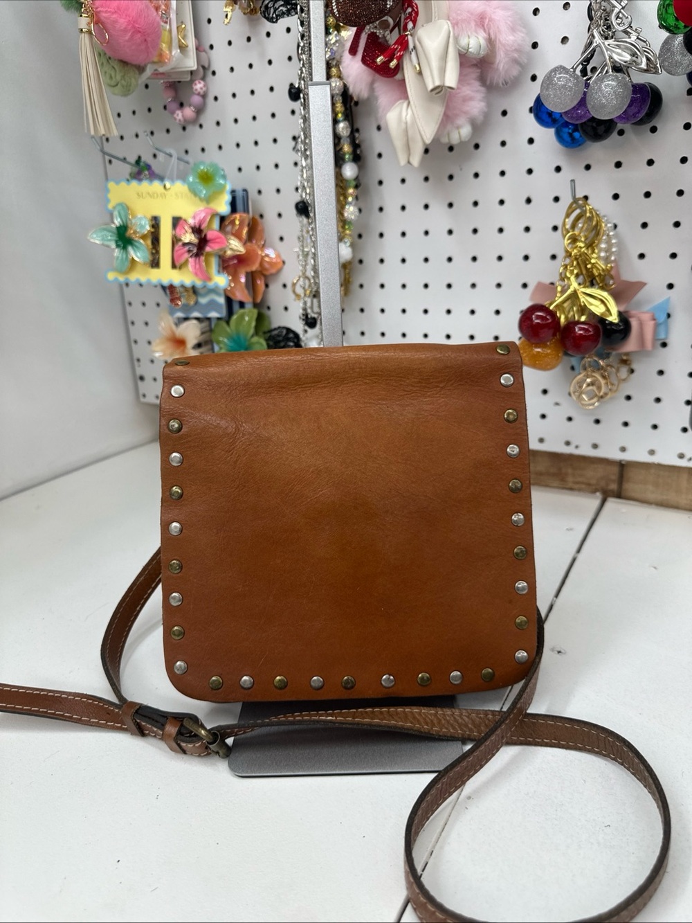 Patricia Nash  Studded Tan Leather  Flap Over Crossbody Handbag